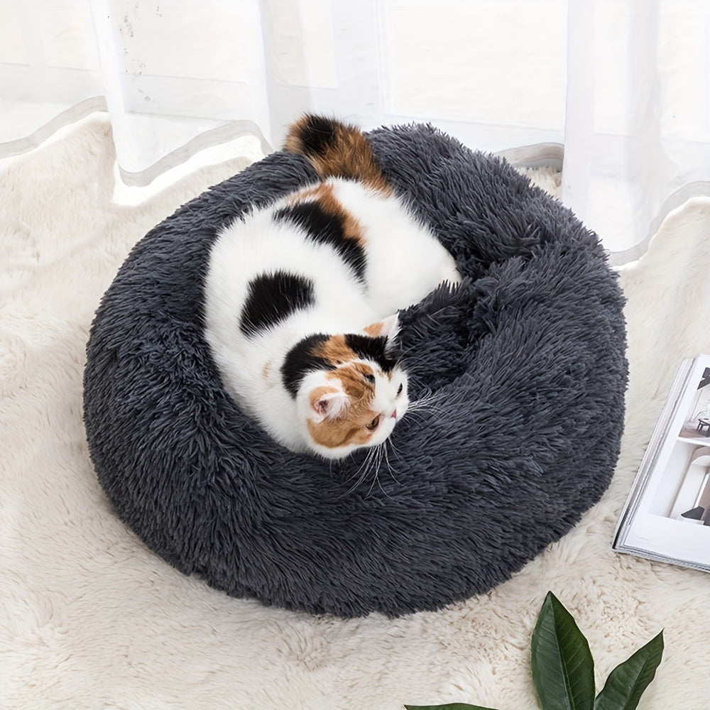 Round Fluffy Dog Bed with Non-Skid Bottom Polyester Material