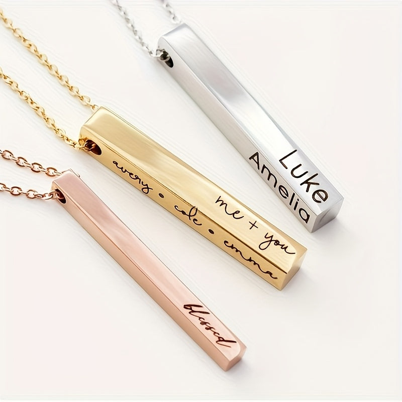 Engraved Name Necklace 3D Square Pendant Stainless Steel for Women in Silver Gold Rose Gold Black