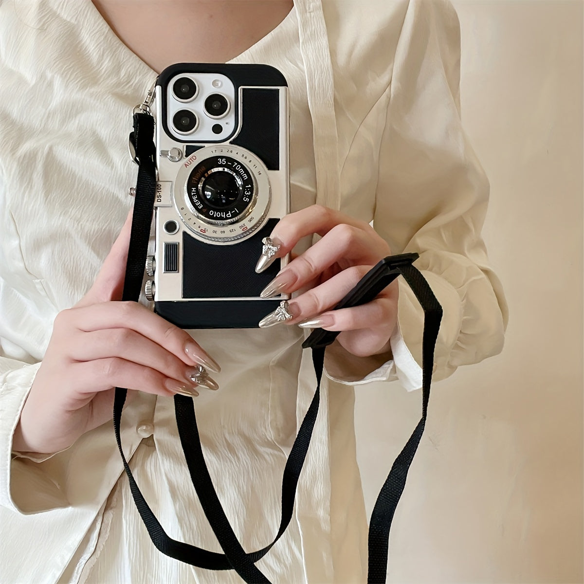 Stylish 3D Camera Phone Case with Crossbody Strap for iPhone Models TPU Retro Lanyard