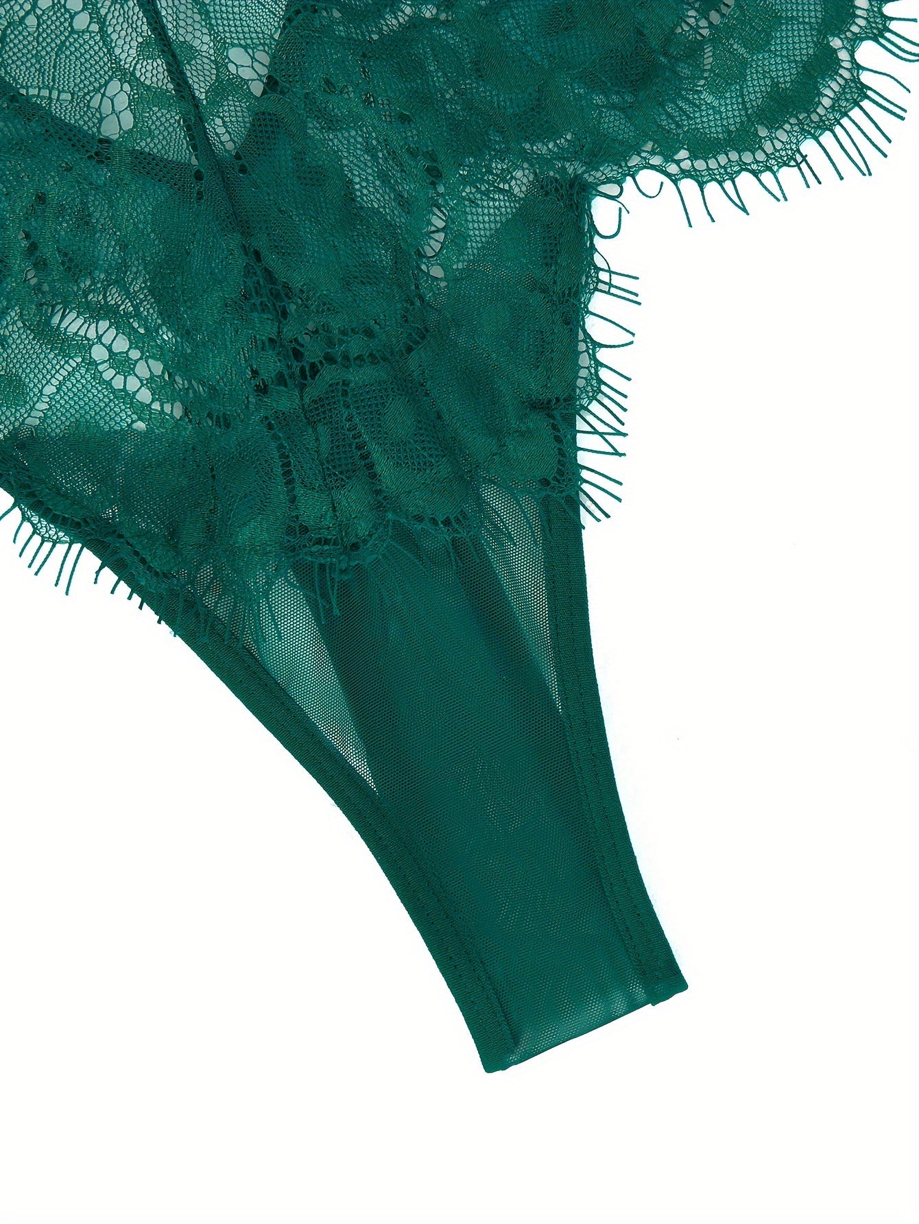 Body de encaje verde para mujer con patrón floral, cuello alto, manga larga, escote en forma de ojal y lencería en la espalda