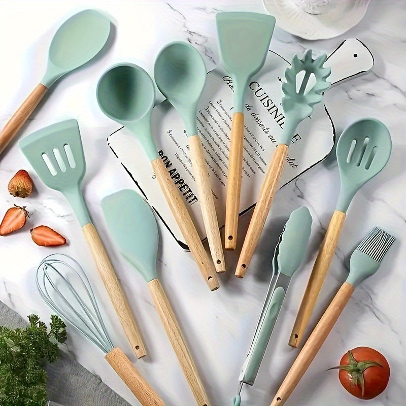 Silicone Kitchen Utensil Set 12 Pieces Non-Stick Safe with Wooden Handles