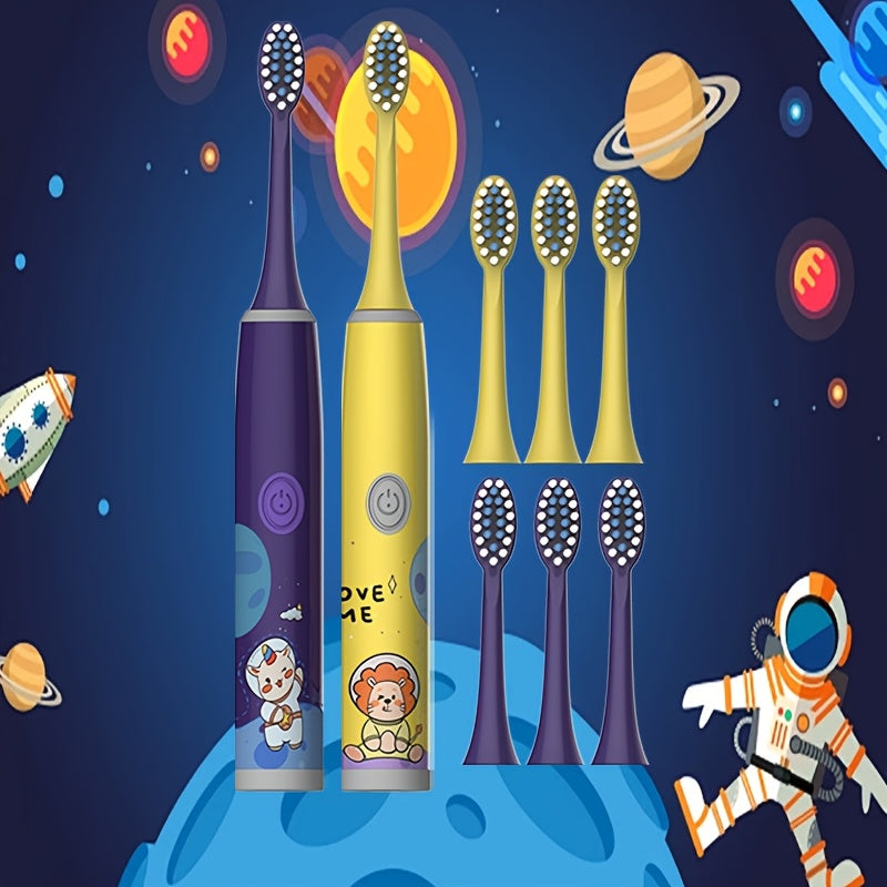 Bolalar uchun elektr tish cho'tkasi 2 dona yumshoq cho'tka, multfilm kosmik mavzu, sovg'a