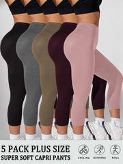Plus Size Women's Soft High-Waisted Capri Leggings Yoga Running Black Blue Pink