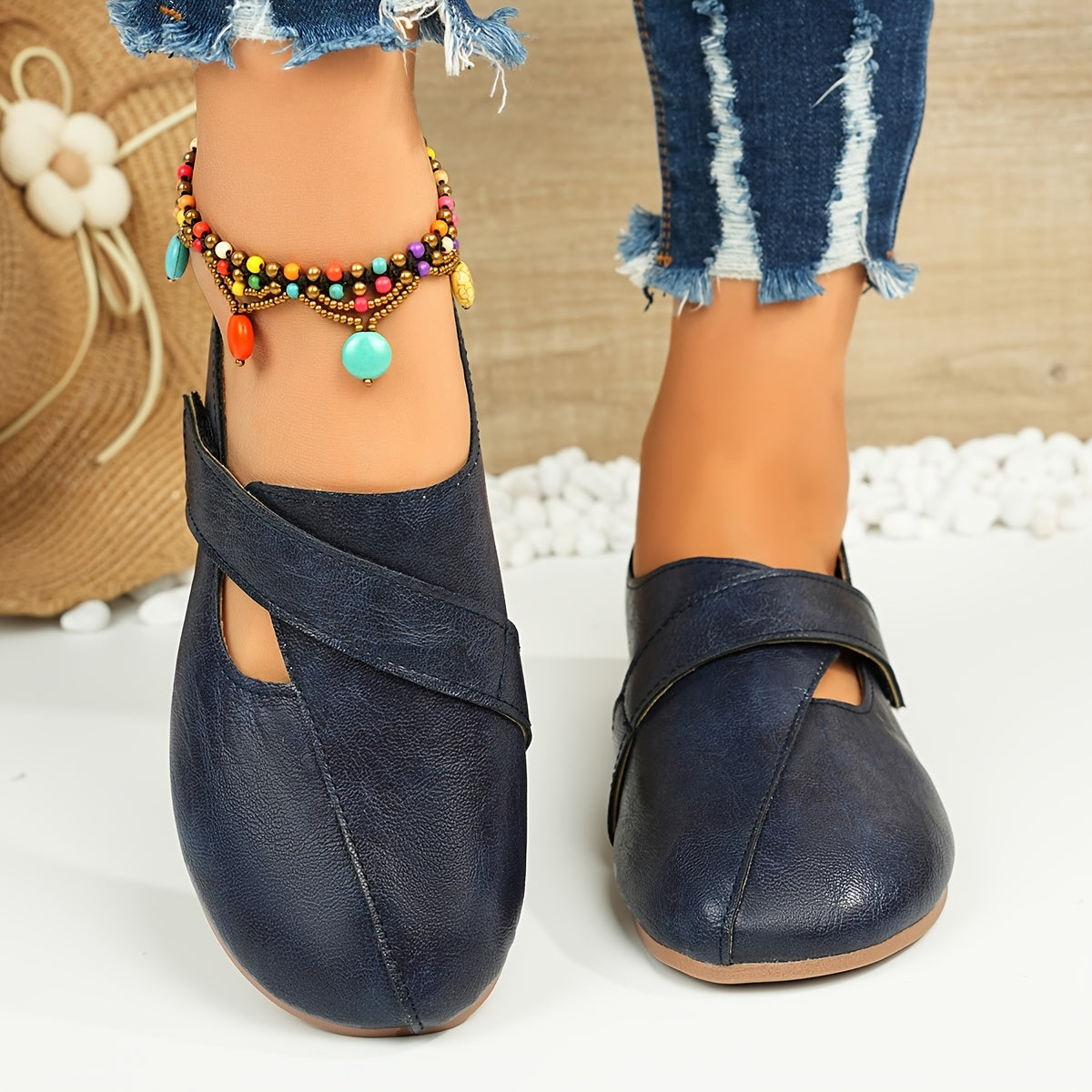 Women's Retro-Style Comfort Flats with Hook-and-Loop Fastener in Green