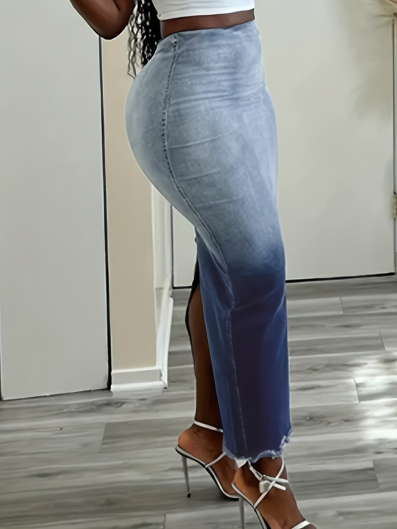 Women Blue Denim Midi Skirt High Waist Side Slit Summer Wear