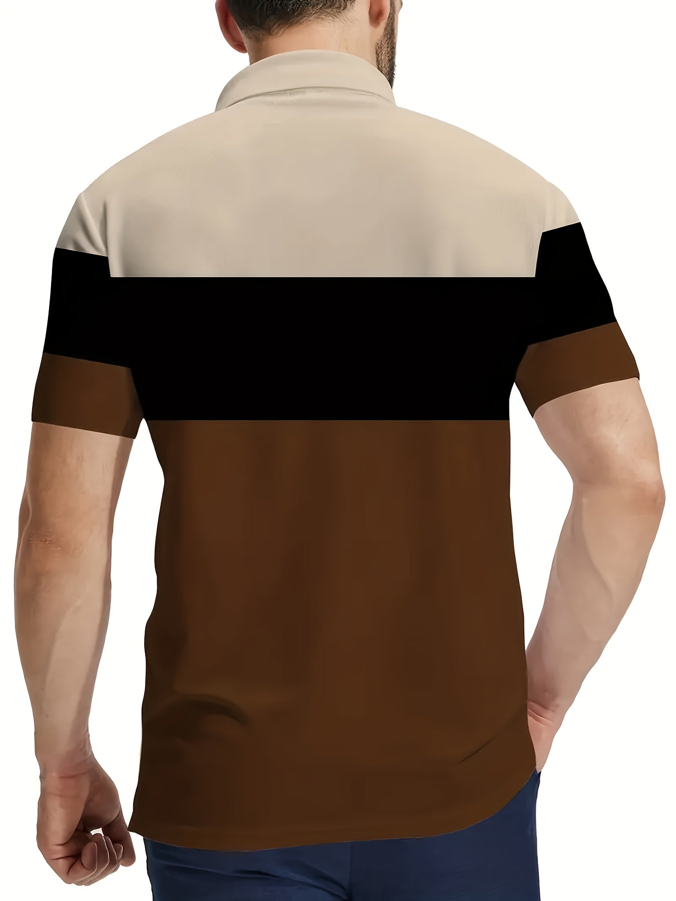 Erkaklar yozgi tasodifiy qisqa yengli polo ko'ylagi, polyester to'qima matosidan tayyorlangan, biroz cho'ziluvchan, butun yuzada bosma, yengil yaka, tugma tafsiloti, oddiy moslik. Zamonaviy ko'p rangli dizayn.