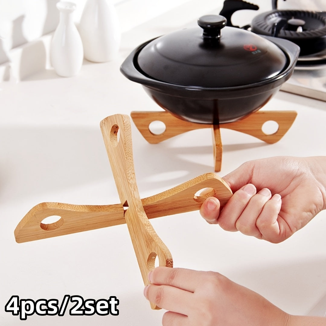 Bamboo Kitchen Organizer Set 4 Pieces Detachable Cross-Shaped Pot Holder Heat-Resistant Storage Rack