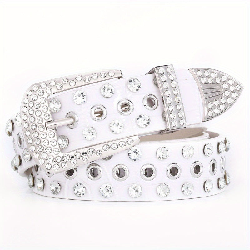 Hollow Out Rhinestone Belt for Women and Men Sparkling PU Leather Cowboy Waist Belt