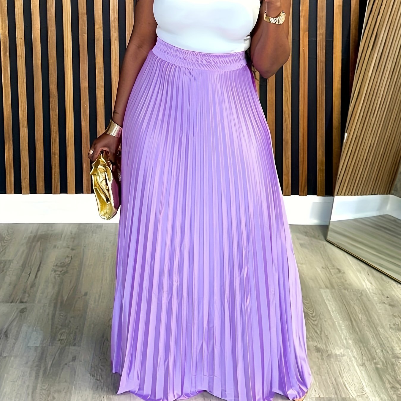 Plus Size Pleated Skirt Elastic Waist Long Skirt For Spring Summer