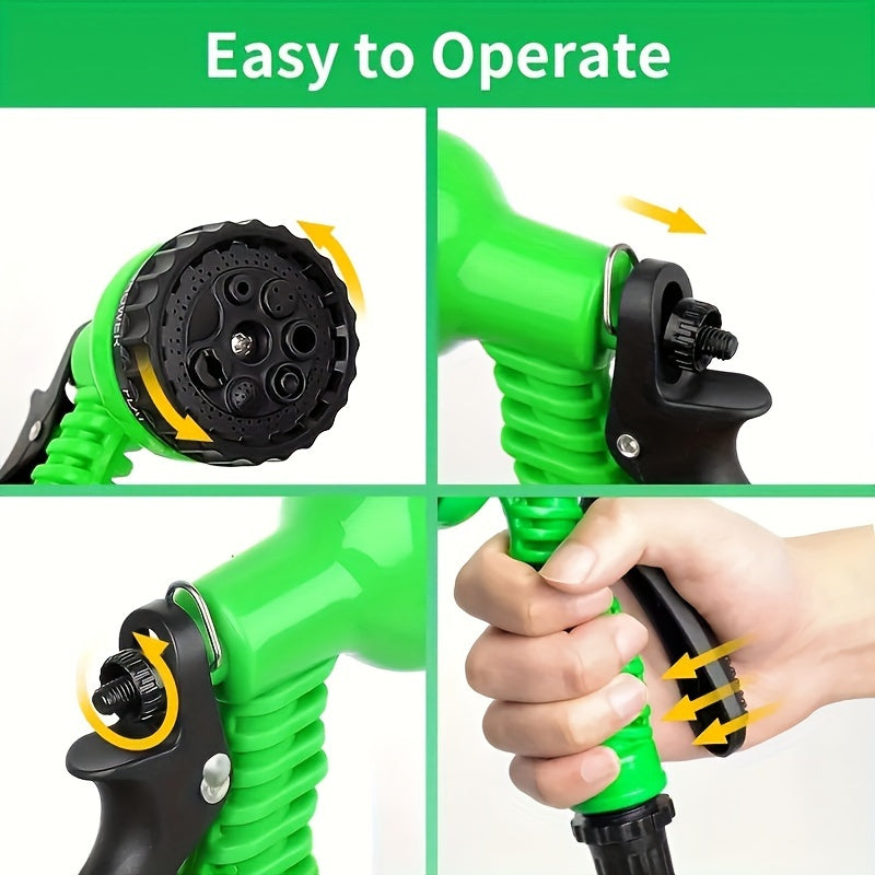 Expandable Green Rubber Garden Hose 30ft with High-Pressure Spray Gun and Anti-Kink Nozzle