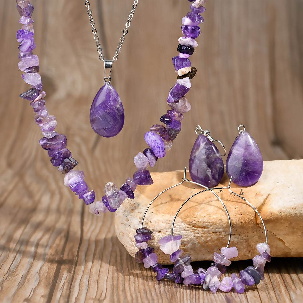Boho-Chic Amethyst Jewelry Set Natural Stone Necklace and Earrings Gift for Women