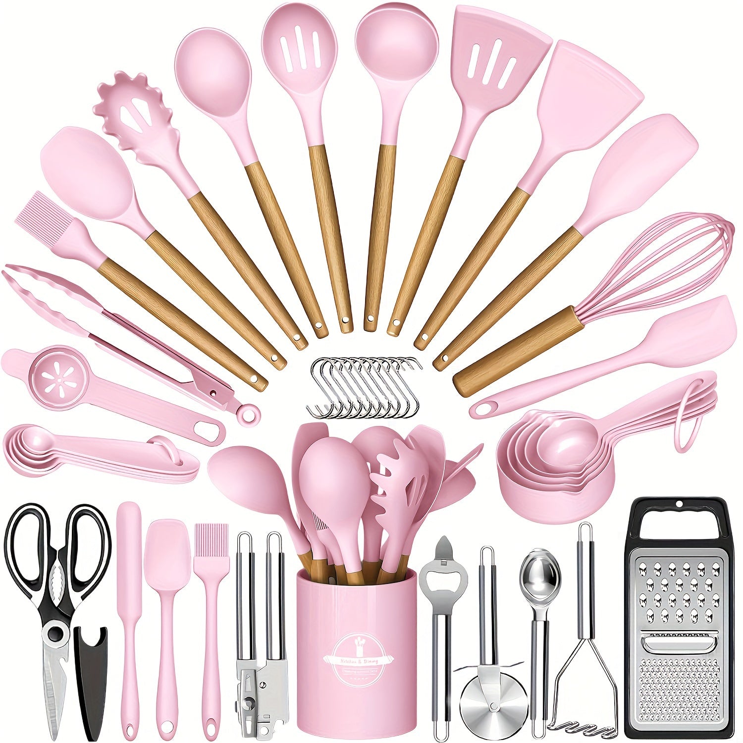 Silicone Kitchen Utensil Set 44 Pieces Non-Stick Coating Wooden Handles
