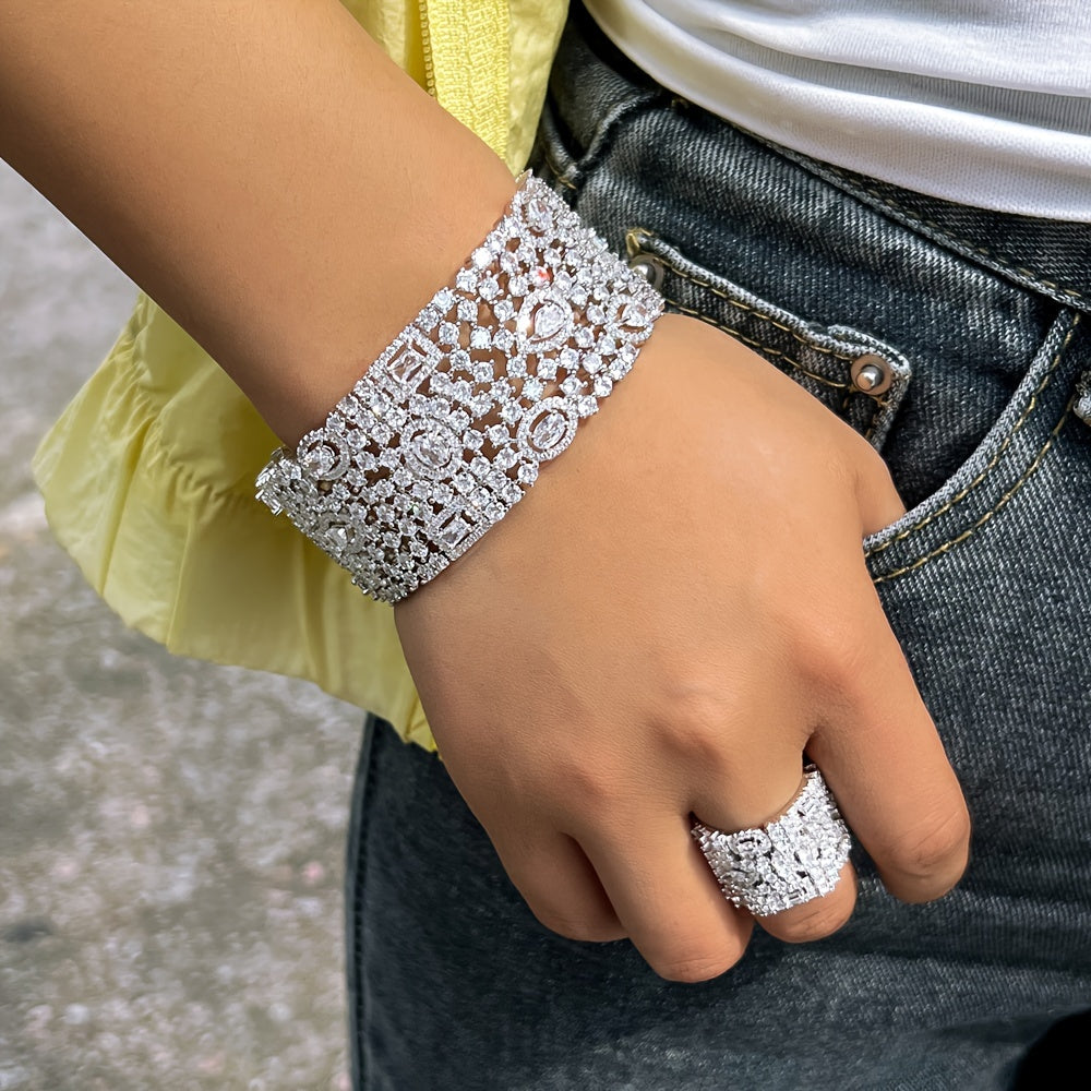 Women’s Zirconia Cuff Bracelet and Ring Set for Weddings and Formal Events