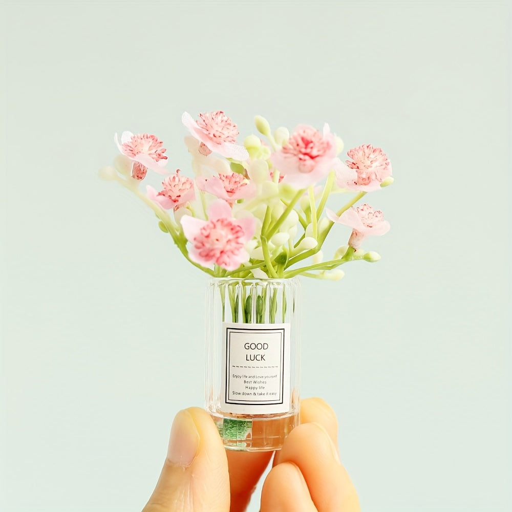 Mini White Flower Arrangement in Glass Vase Car Dashboard Decoration Plastic Ornament