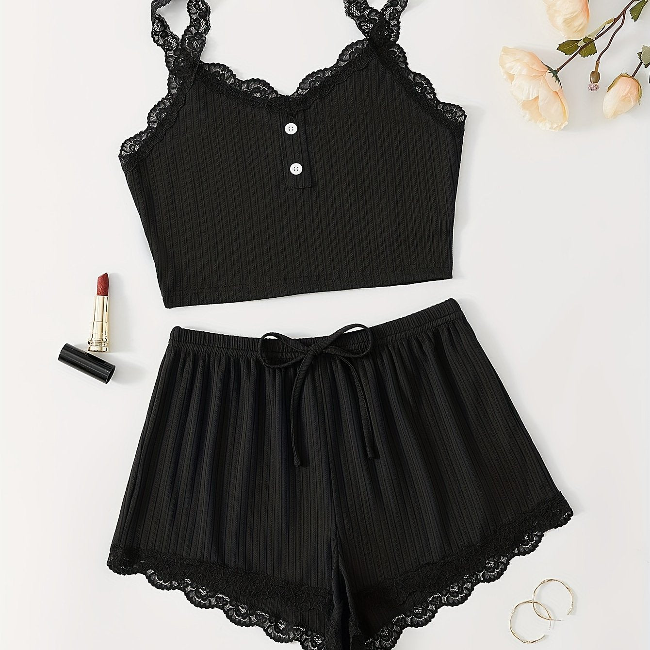 Women's Ribbed Lace Trim Pajama Set V-Neck Crop Top and Shorts Summer Nightwear