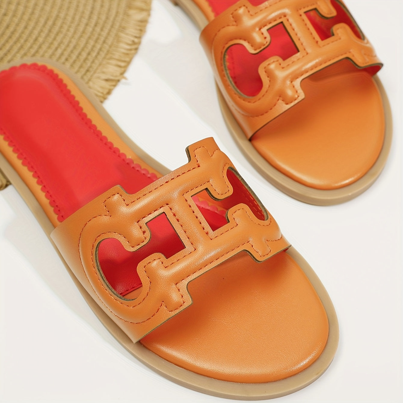 Women's Black Flat Sandals with Red Accents Slip-On Summer Casual