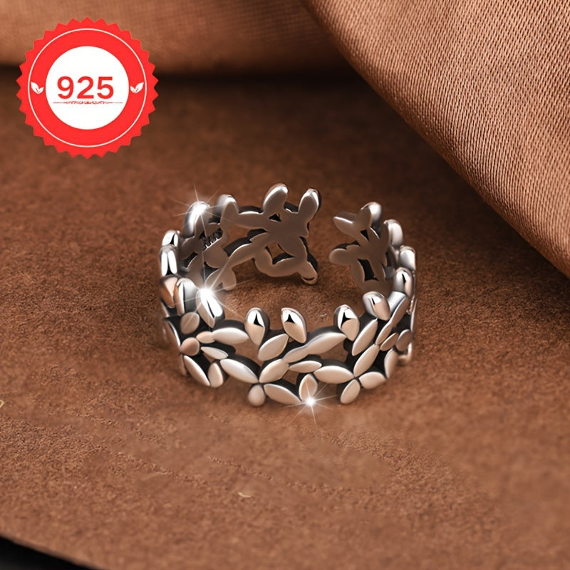 Unisex Silver Leaf Ring 925 Adjustable Hollow Bohemian Gold Plated Lightweight