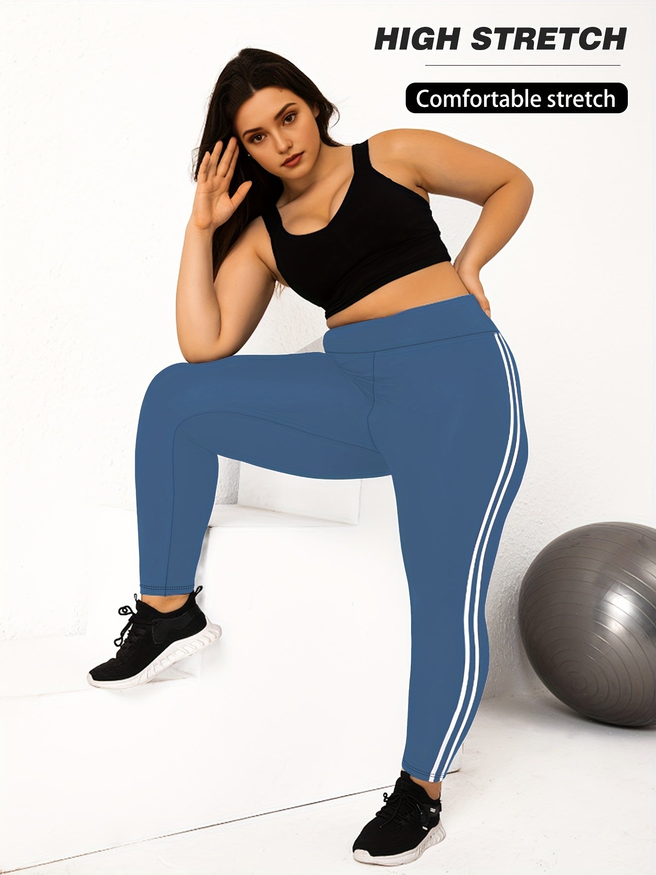 Women's Plus Size High-Waisted Cropped Leggings with Side Stripes Black Blue