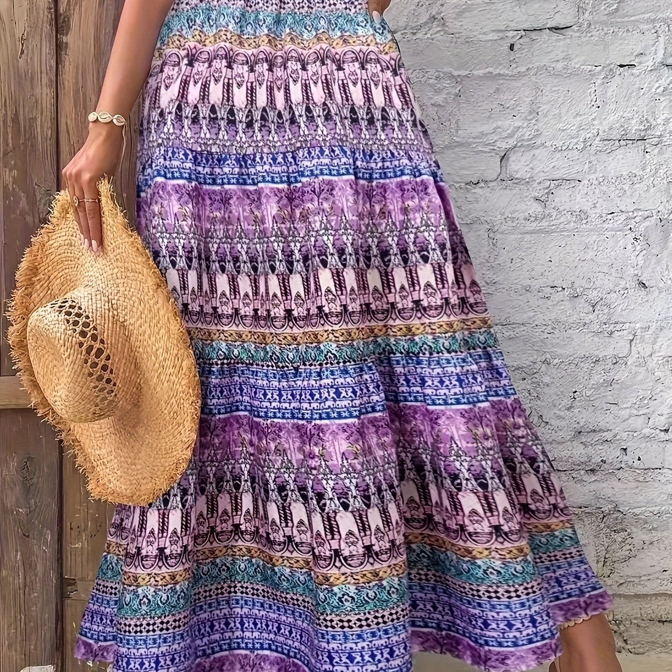 Falda larga bohemia tropical para mujer con cintura alta y volantes para la playa