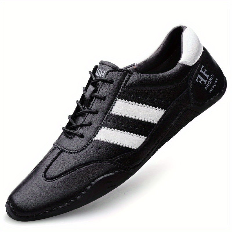 Men's Genuine Leather Sneakers White Black Stripe Rubber Sole Casual All-Season