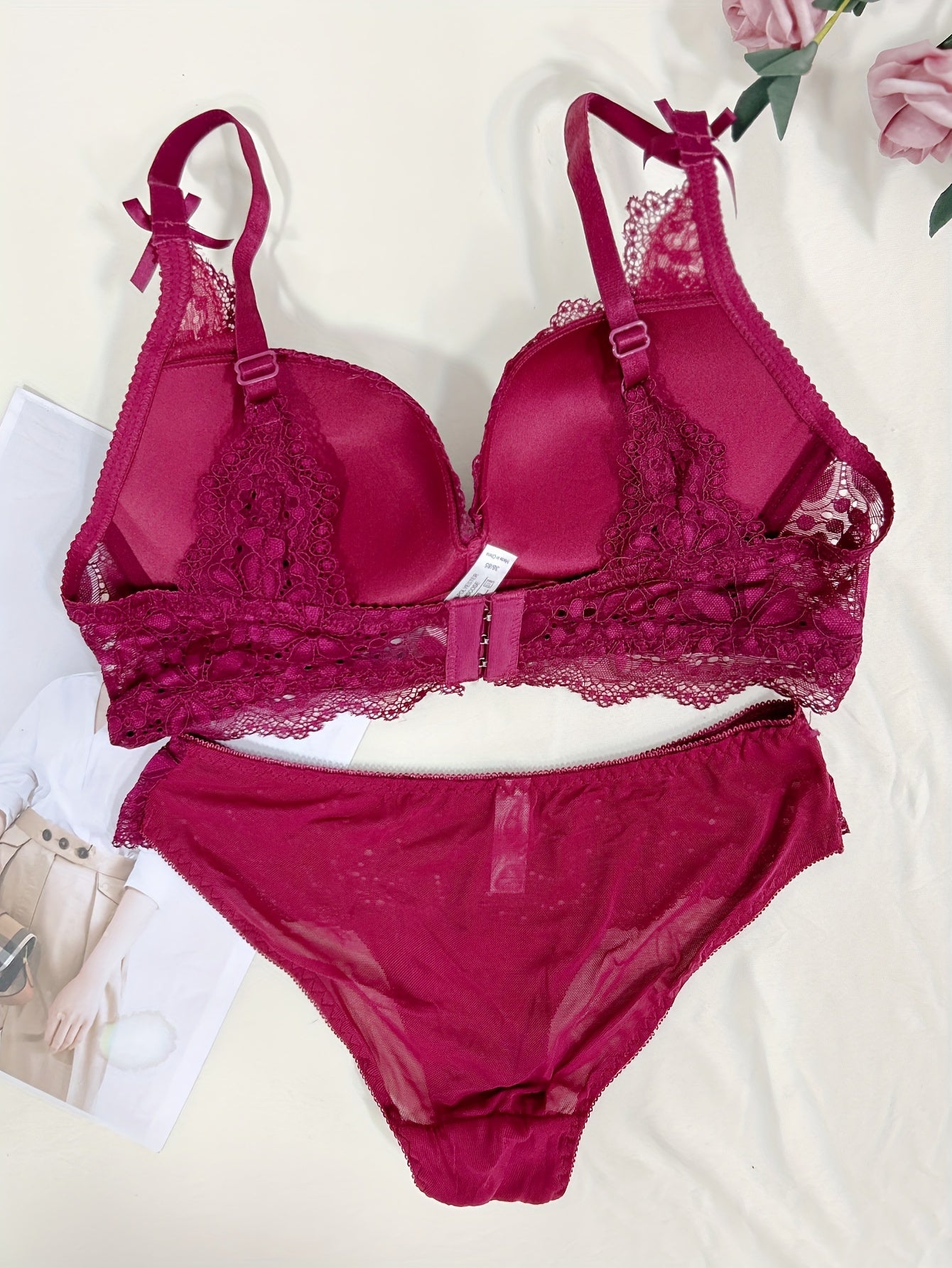 Lingerie Set with Lace, Contrast Details, Solid Color Knit Fabric, Bra and Briefs