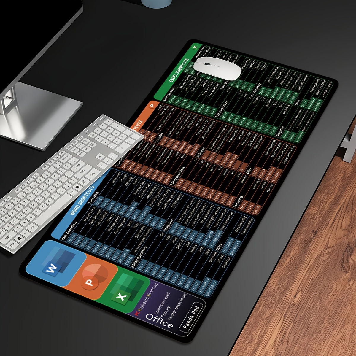 Alfombrilla de ratón extragrande extendida con accesos directos impresos para Word PPT Excel antideslizante y lavable para oficina y juegos