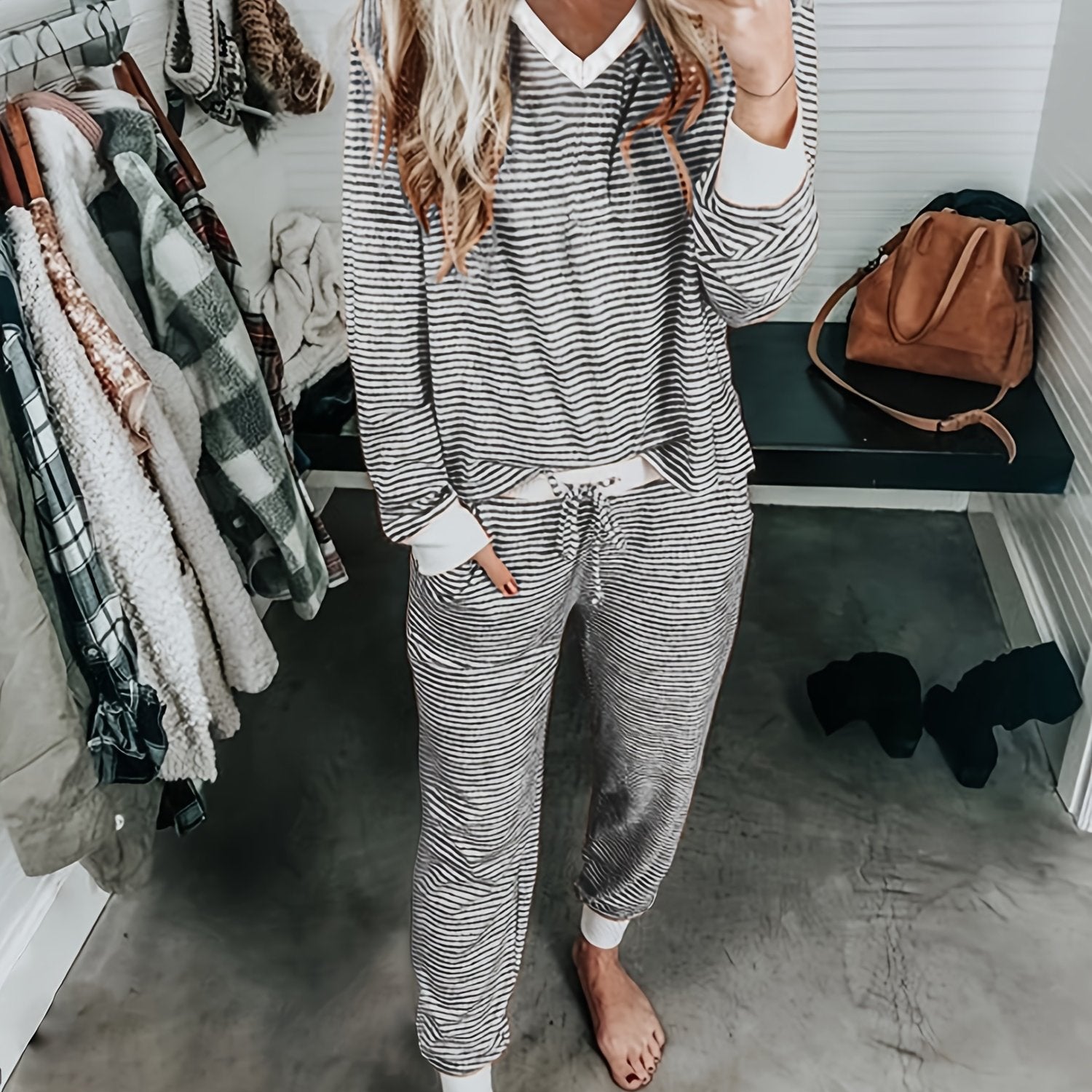 Women's Knit Striped Pajama Set Long Sleeve V-Neck Drawstring Fall Winter Lounge
