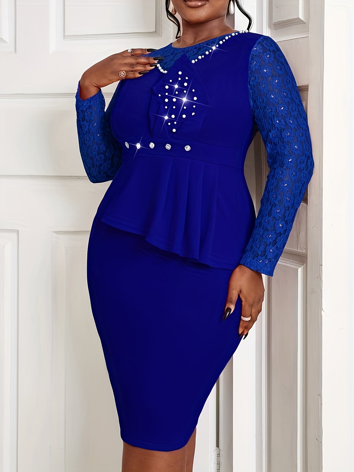 Women's Elegant Bodycon Party Dress Beaded Lace Peplum Hem