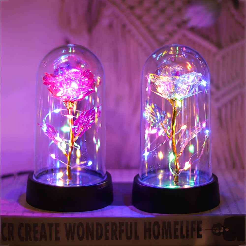 LED Night Light Rose in Glass Dome Pink or Yellow Flowers Battery Powered Gift for Valentine's Day Mother's Day Weddings