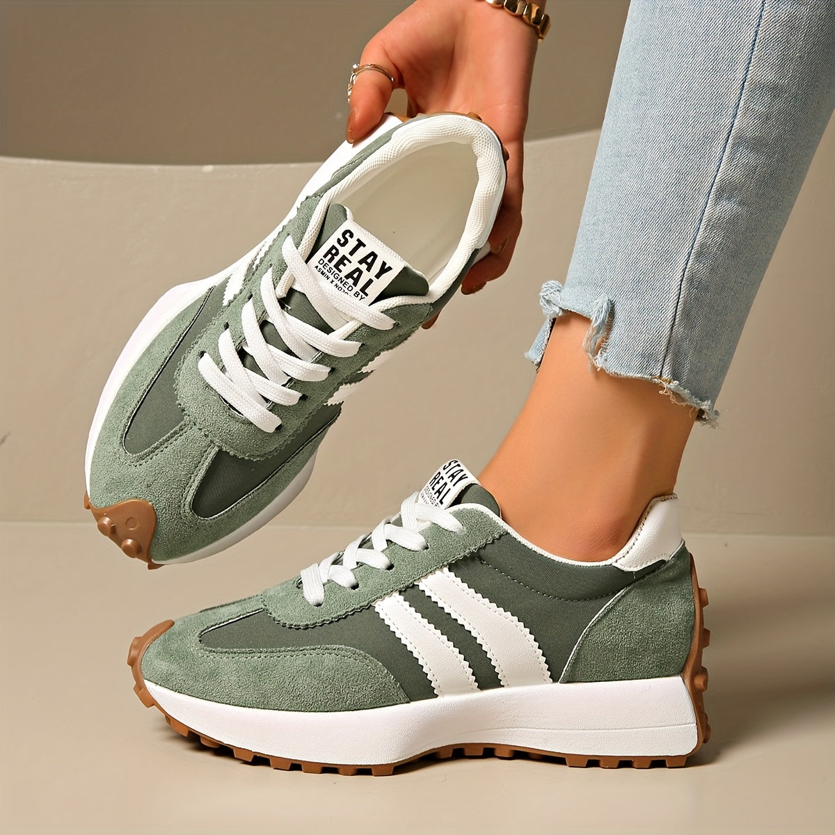 Women’s White Green Casual Sneakers with Rubber Soles and Mesh Panels