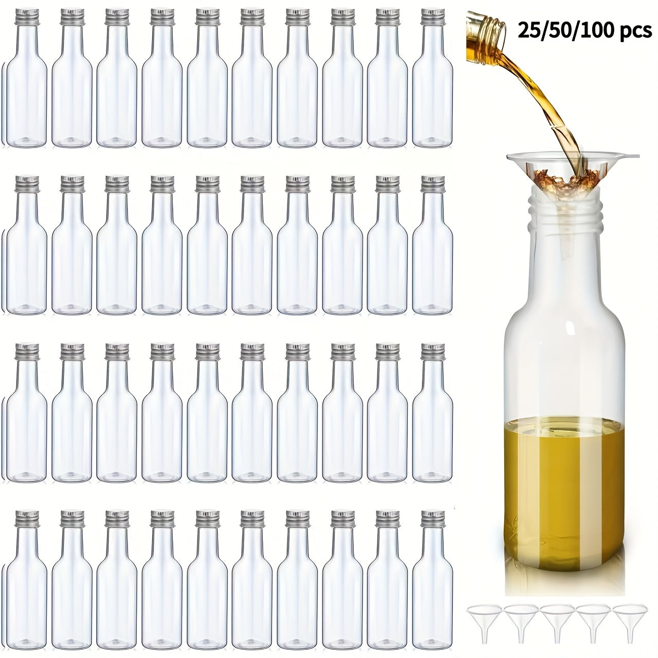 Set of 25/50/100 Mini Plastic Liquor Bottles with Lids Funnels 1.7oz Leak-Proof