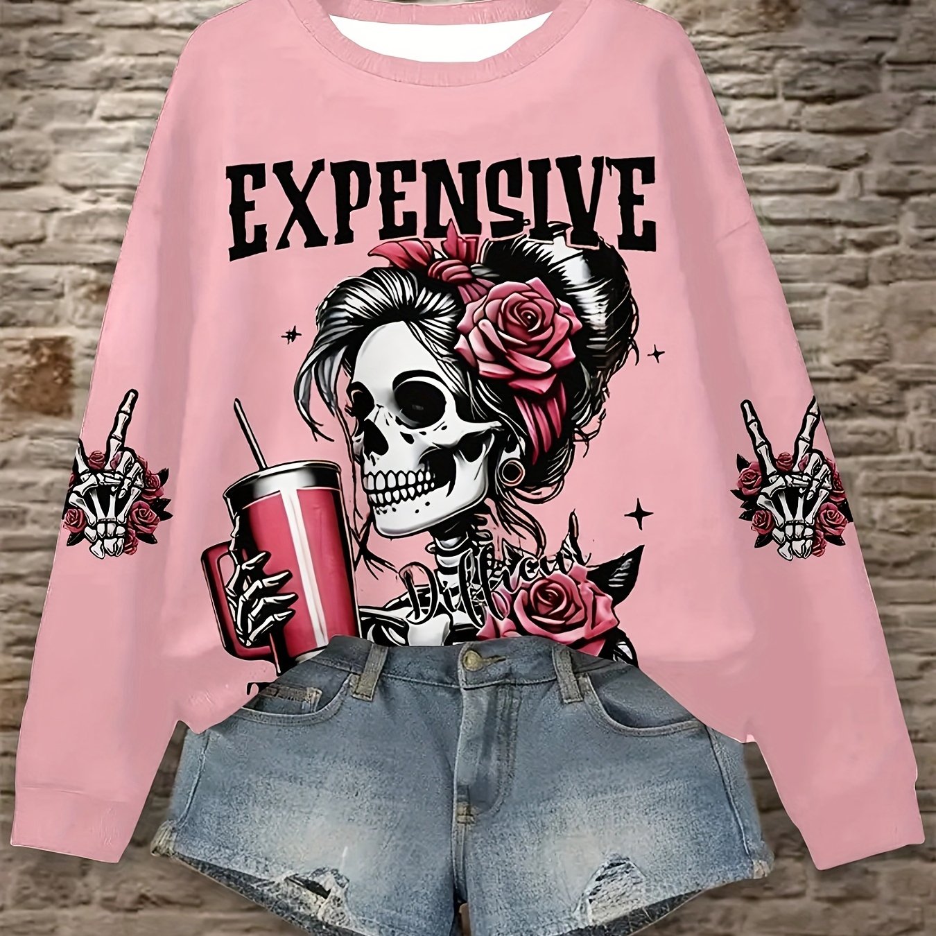Women's Plus Size Hoodie Long Sleeve Skull Letter Print Casual Pullover