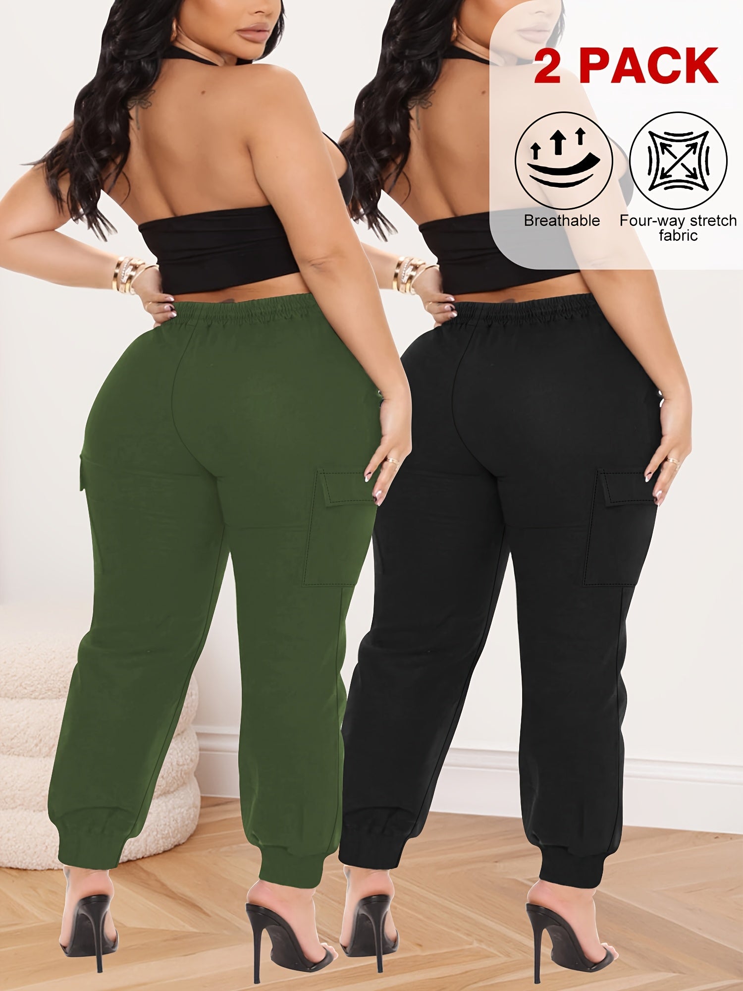 Женские брюки карго большого размера с высокой талией, эластичные, удобные, на шнурке