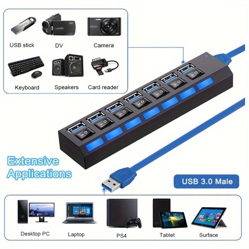 7-Port USB 3.0 Hub with LED Switch Fast Data Transfer Compatible with Laptops and PCs