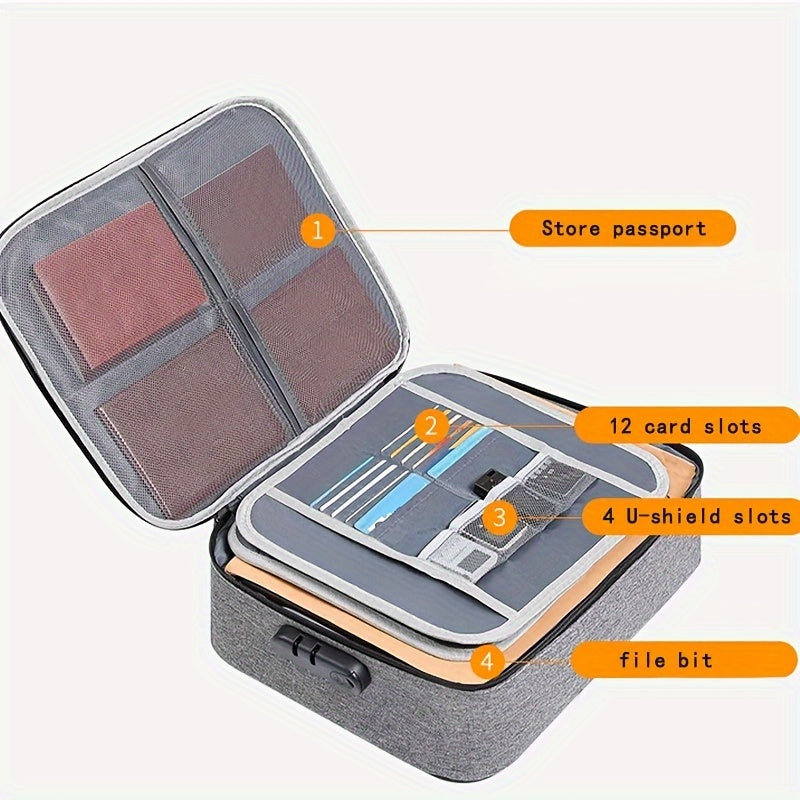 Qog'ozlar, sertifikatlar va boshqa narsalar uchun qulflangan xavfsiz hujjat sumkasi. Kulrang mustahkam Oksford mato. Sayohat yoki uy ofisi uchun qulay.