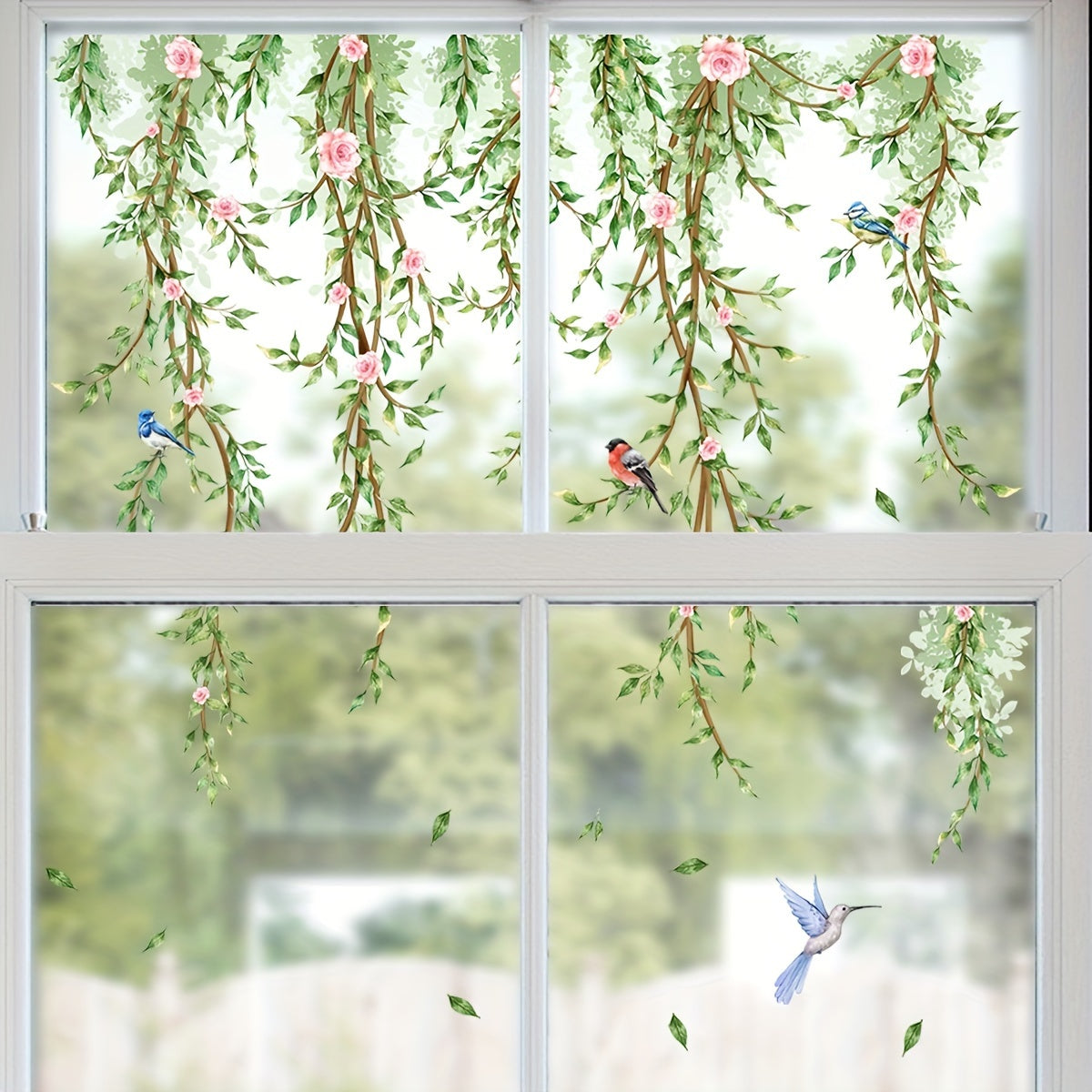 Dual-Sided Vine and Butterfly Window Decal Floral Bird Design Static Cling PVC Easy to Apply