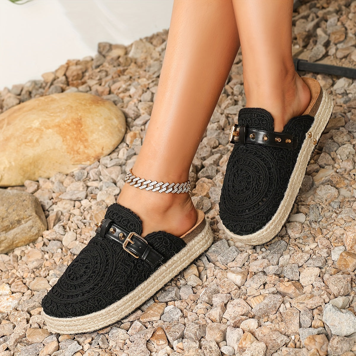 Women's Summer Casual Slip-On Mules with Embroidery and Lightweight Fabric