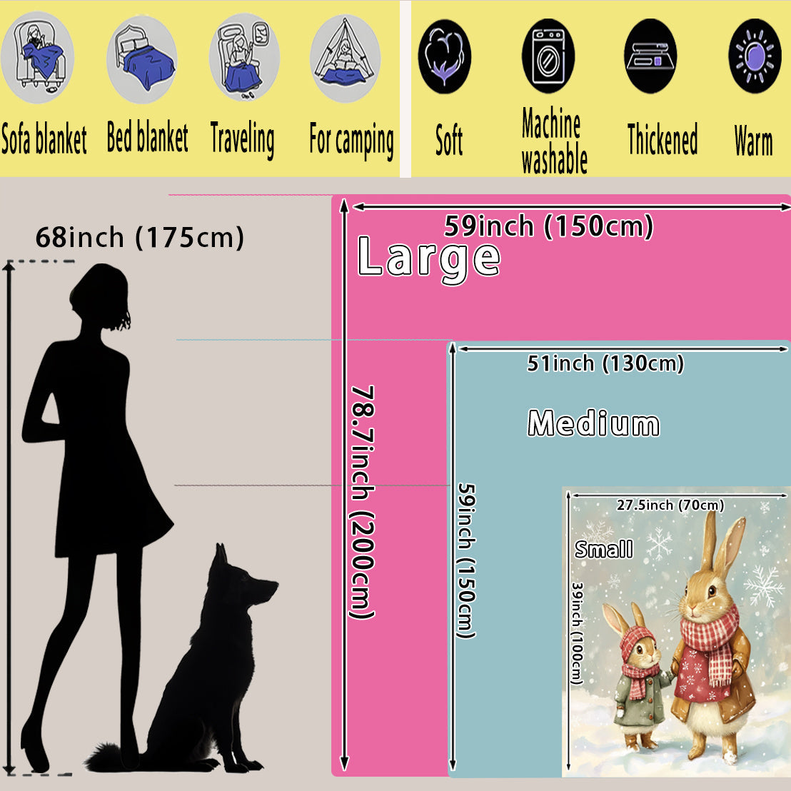 Rabbit Themed Fleece Throw Blanket Soft Lightweight Cozy for Naps Travel Home Decor