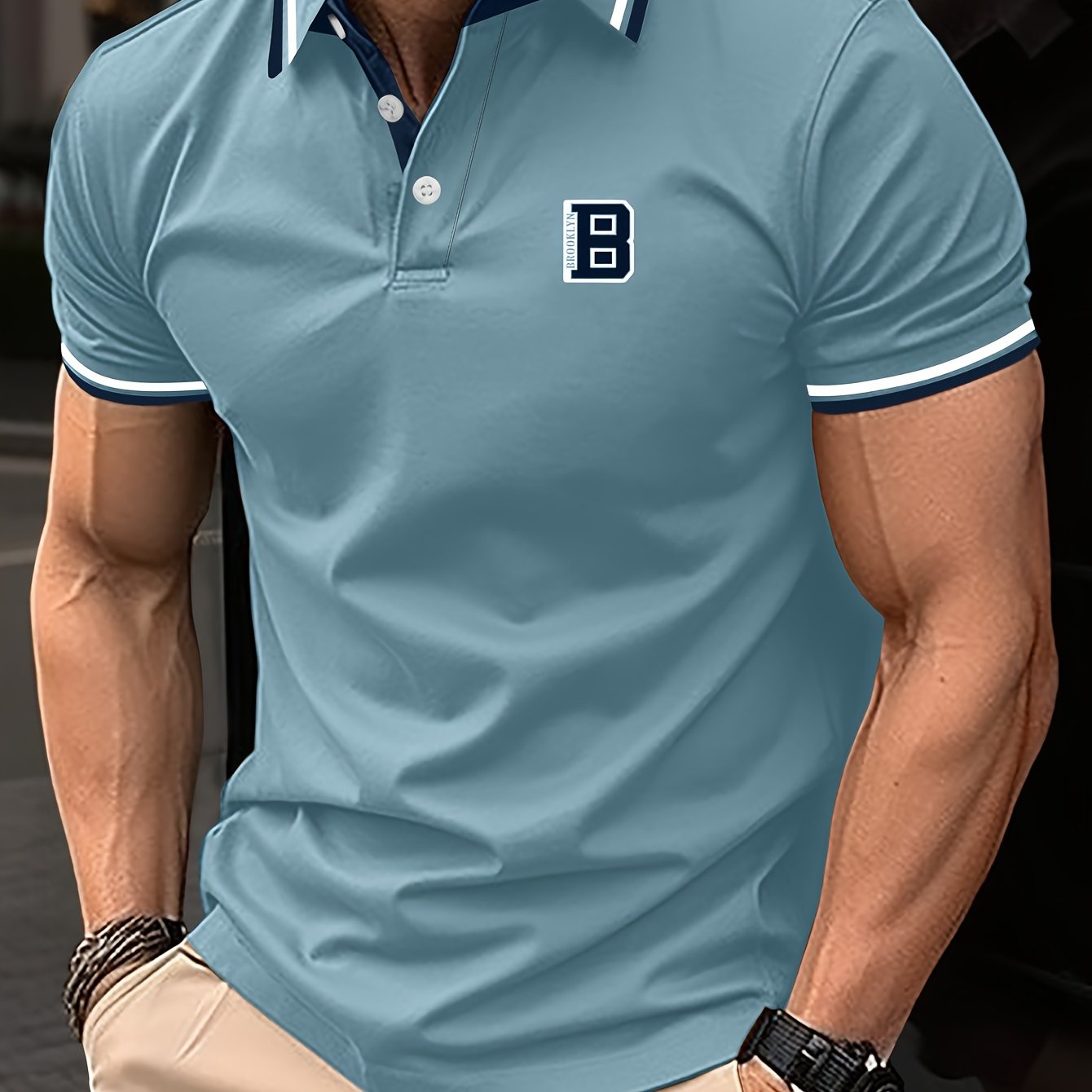 Camisa de manga corta para hombre con bloque de colores y estampado de letras, con solapa, casual para verano y golf