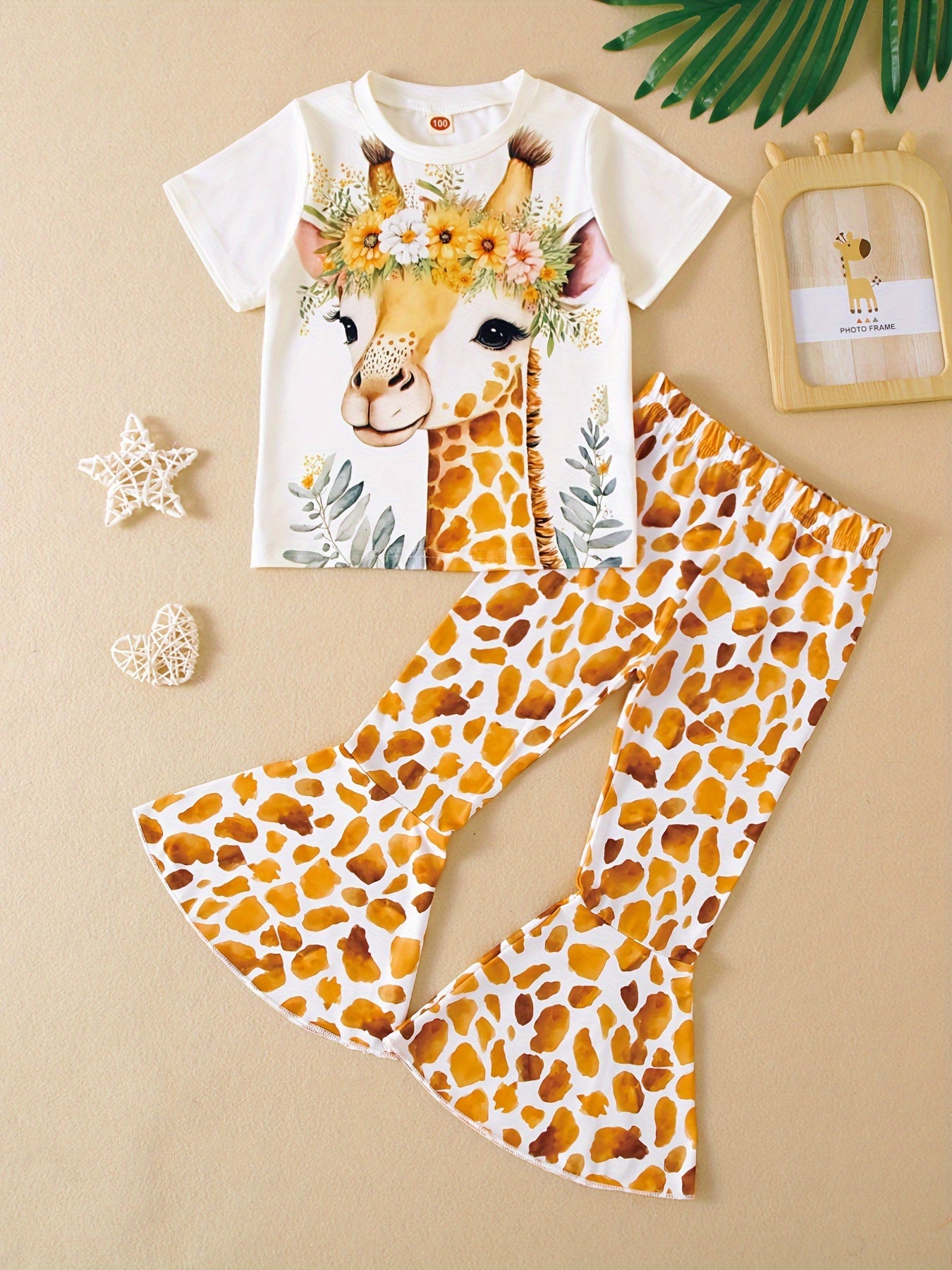 Kids' Summer 3D Giraffe Graphic T-Shirt and Flare Pants Set Polyester