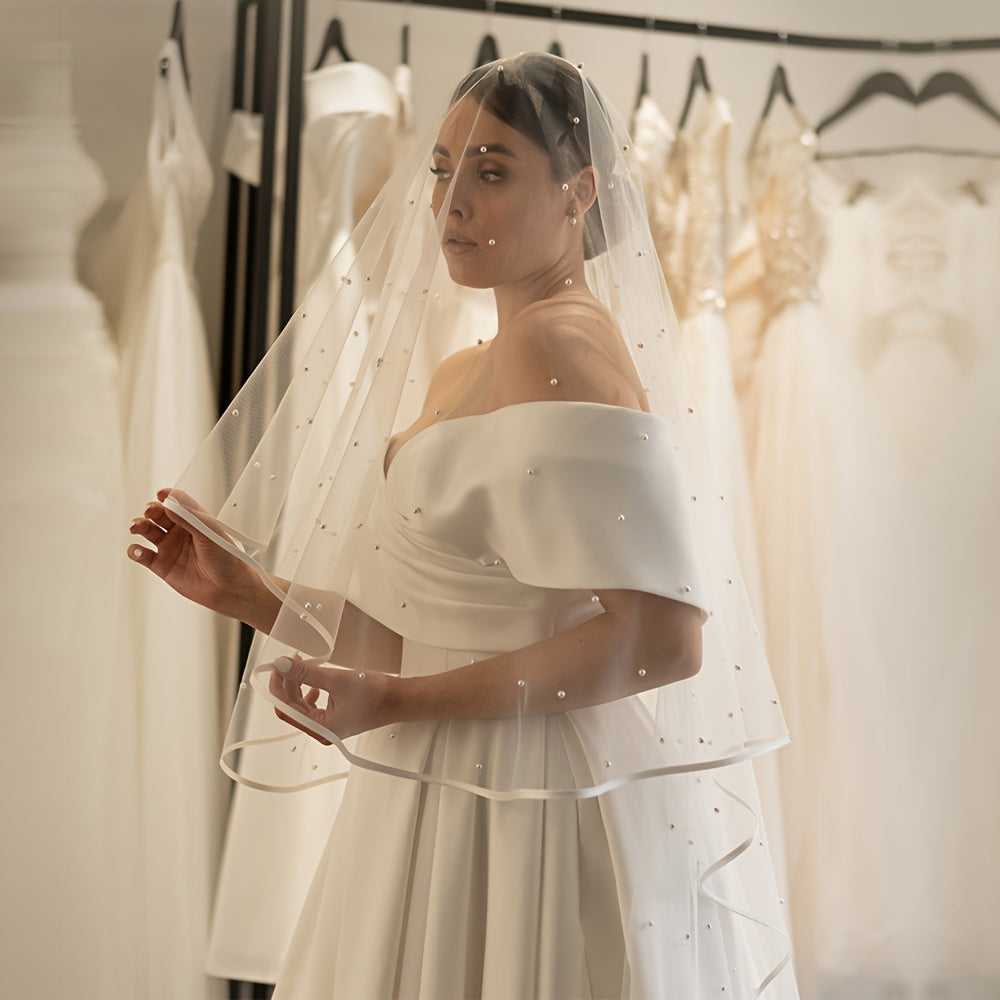 Double Pearl Veil for Brides with 2.5 Meters Length Church Ribbon Hem Hair Comb