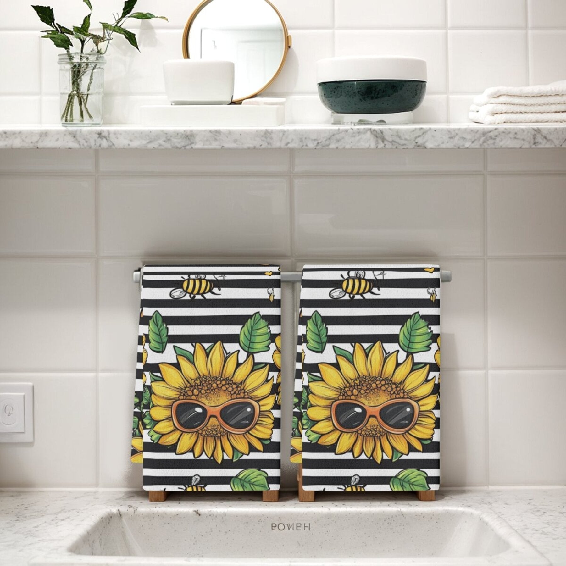 Sunflower Pattern Dish Cloths Set, Woven Polyester Kitchen Towels, Hand Wash