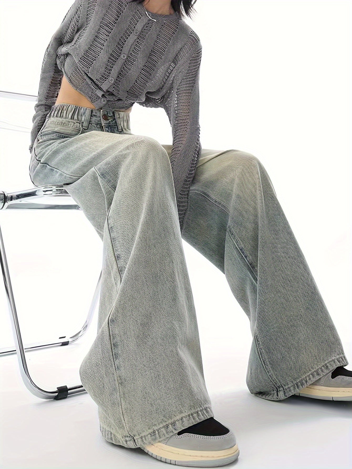 Teen Girls Wide Leg Denim Jeans Grey Vintage Wash Elastic Waist All-Season Casual