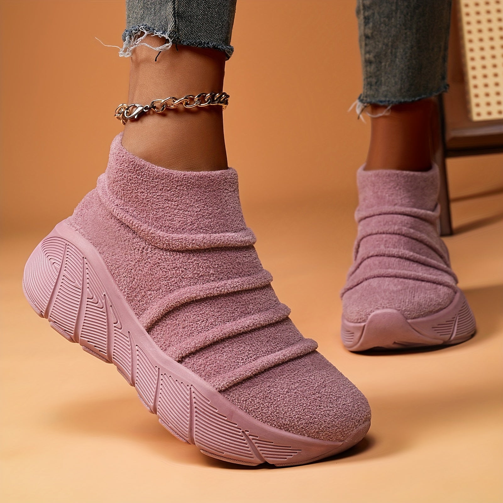 Women's Winter High Top Sneakers Slip-On Fabric Ankle Boots Solid Color