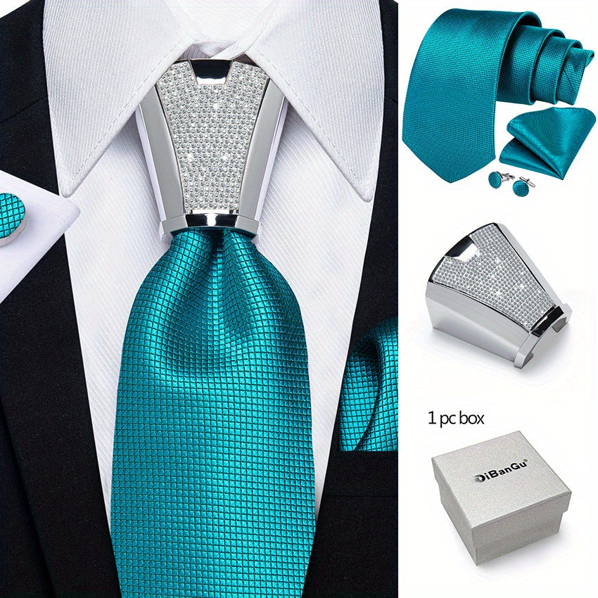 Men's Business Accessory Set with Silver Ring Cufflinks and Handkerchief