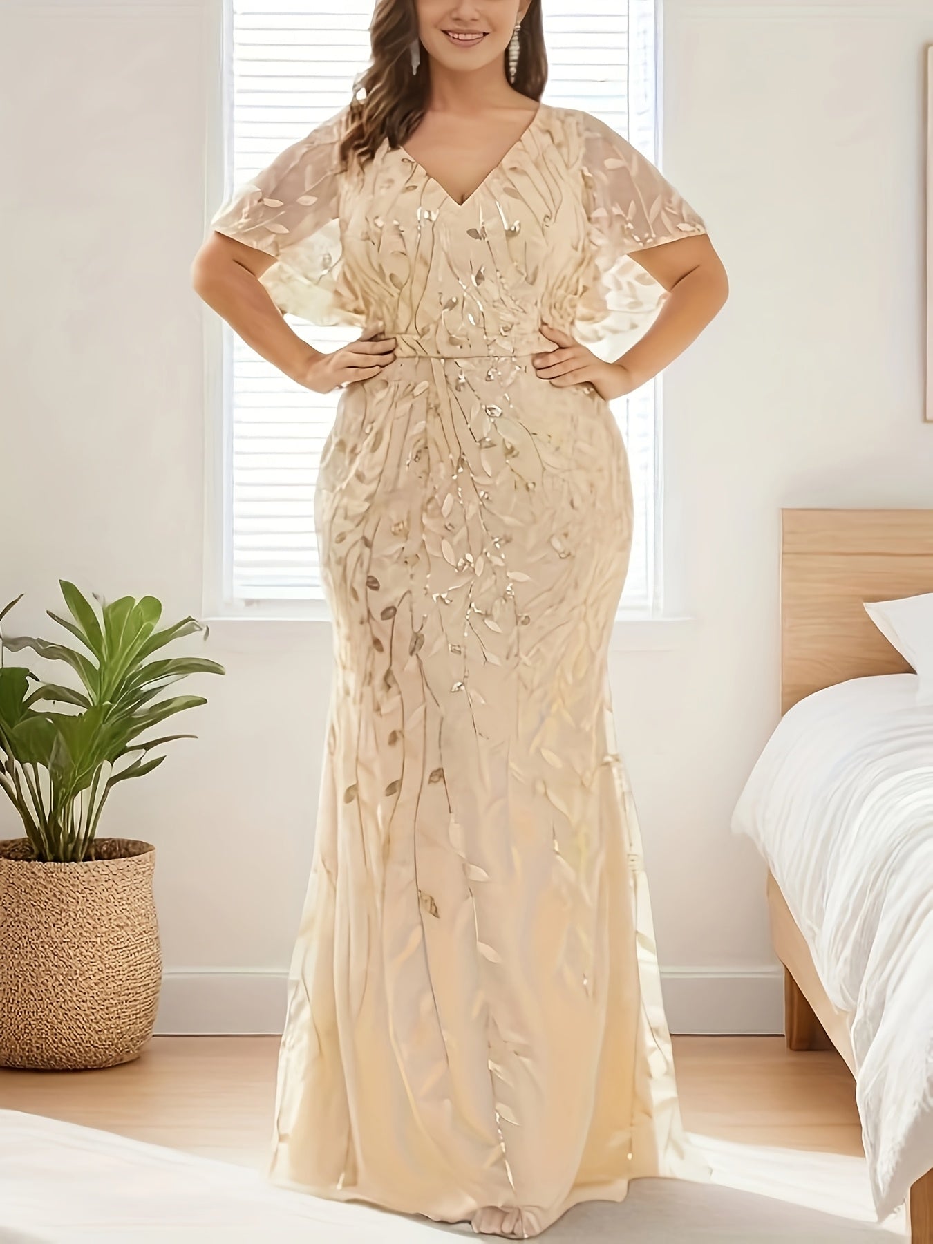 Plus Size Women's Beige V-Neck Long Sleeve Evening Gown Formal Dress