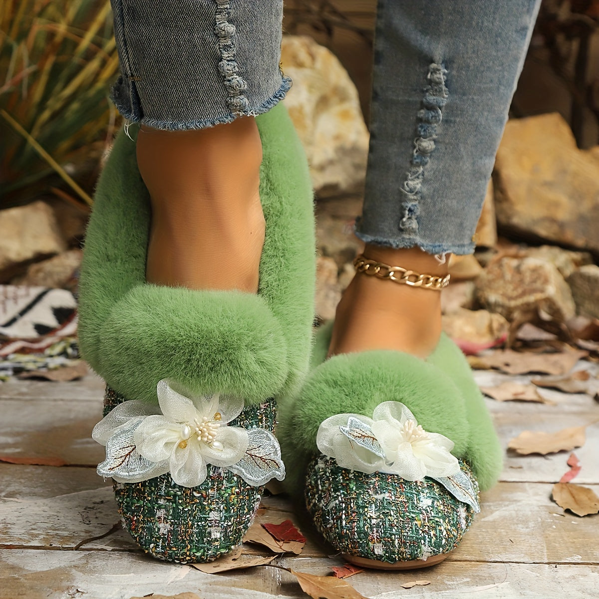 Women's Fleece-Lined Slip-On Flats with Bowknot Square Toe Indoor Outdoor Shoes