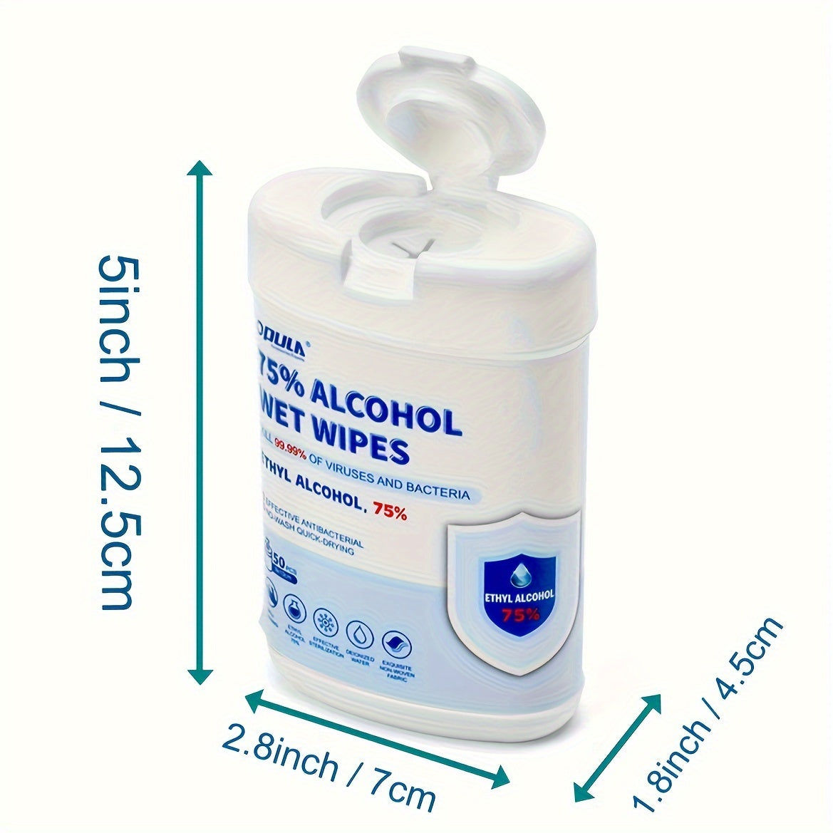 75% alkogolni o'z ichiga olgan dezinfektsiyalovchi matolar, 50 dona - Uyda va ochiq havoda foydalanish uchun mos, elektronika, zargarlik buyumlari, mebel va avtomobil o'rindiqlarini tozalash uchun ajoyib.