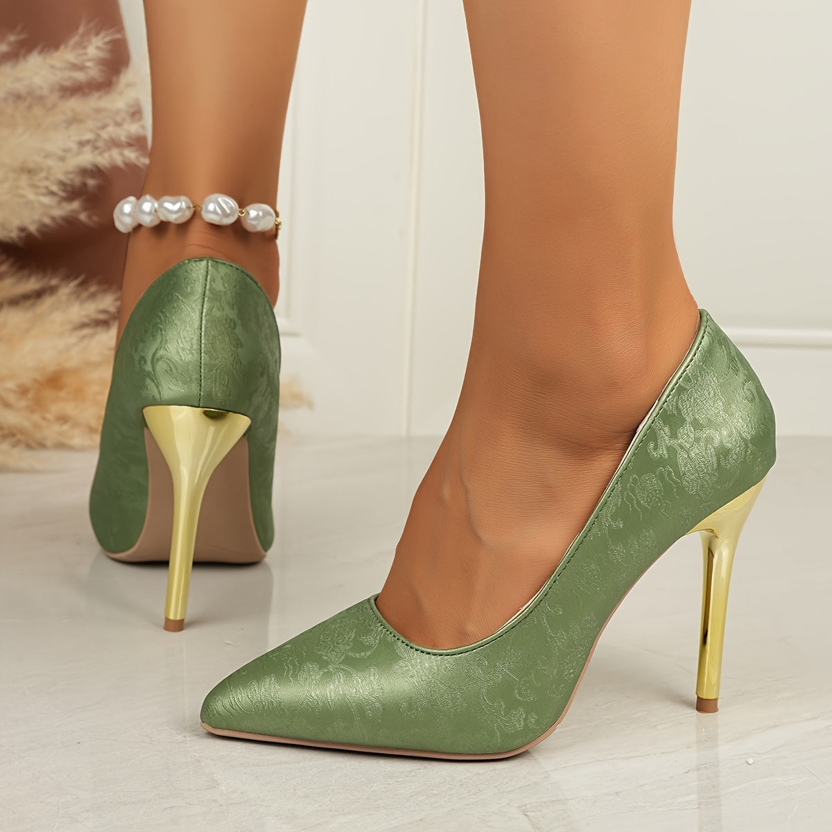 Women's Black Floral Embossed Pointed Toe High Heels with Gold Accents