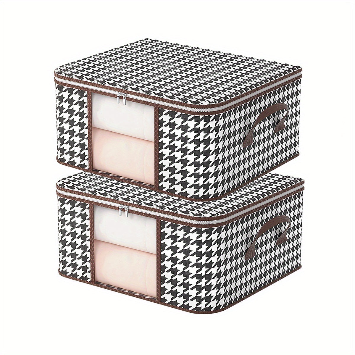 Houndstooth Pattern Clothes Storage Bag with Transparent Window Non-Woven Foldable Dustproof Organizer
